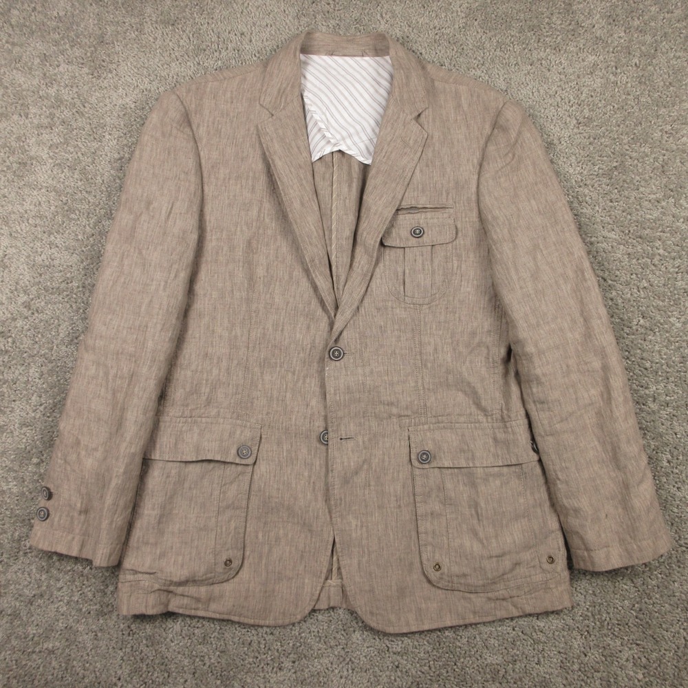 Joseph Abboud Jacket Mens Medium Beige Gray Unstructured Linen Pockets Vented